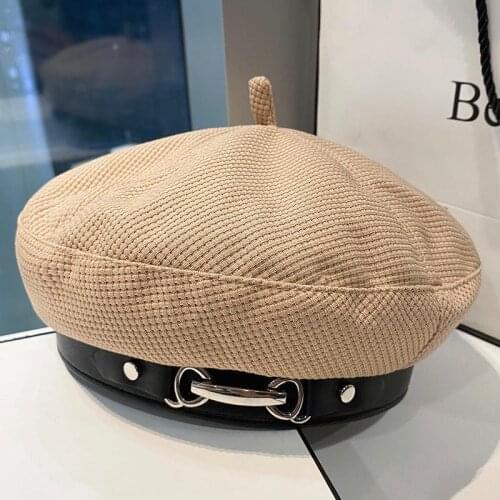 Autumn Metal Buckle Beret Caps For Women Black Ins Octagonal Hats Solid British Retro Painter Hat Female Bonnet Cap