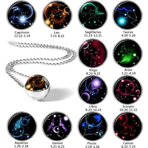 12 Zodiac Sign Pendant Necklace Glass Cabochon Double Galaxy Constellation Horoscope Astrology Necklace For Women Men Jewelry