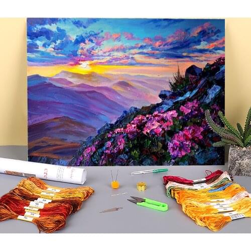 Landscape The Sun Goes Down Printed Canvas 11CT Cross-Stitch Full Kit DIY Embroidery DMC Threads Knitting Handmade Hobby