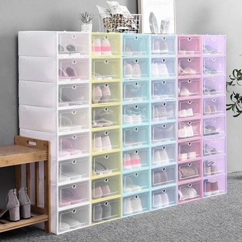 2pcs/set Fold Plastic Shoes Case Thickened Transparent Drawer Case Plastic Shoe Boxes Stackable Box Shoe Organizer Shoebox