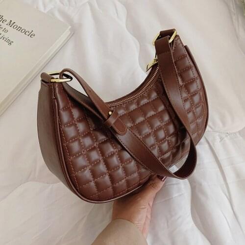 Half-Moon PU Leather Zipper Baguette Shoulder Bags with Shoulder Handle Handbag Casual Retro Small Simple Lattice Designer