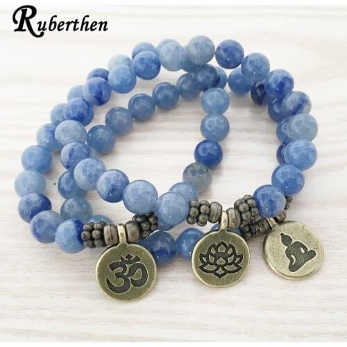 Ruberthen 2017 High Quality Handmade Bracelet Blue Aventurine Bracelet Antique Brass Om Buddhist Lotus Charm Lucky Bracelet