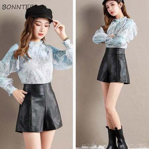 PU Shorts Womens Zipper Fly High Waist Pocket Cool Simple Solid Leisure Loose Trousers A-line Trendy Newly Ulzzang Female Lady