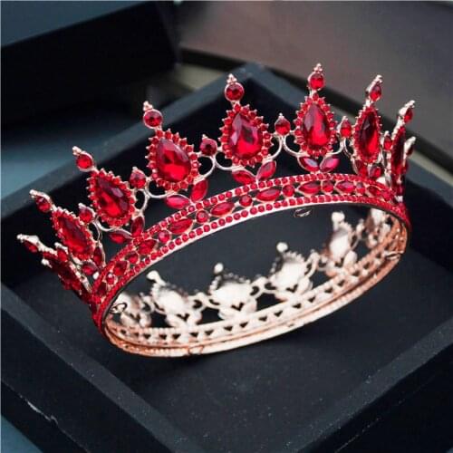 Teardrop Tiaras and Crowns Pink Red Diadem Royal Queen King Full Circle Ornaments Bridal Wedding Hair Jewelry Party Accessories