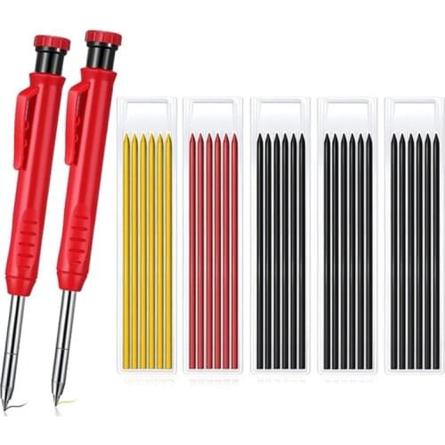 2 Pcs Solid Carpenter Pencil for Construction with 31 Refill Leads Built-in Sharpener, Long Nosed Mechanical Pencil
