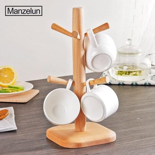 Cup Storage Rack Holder Drinkware Display Shelf Drain Stand Tree Shape Wood Baby Bottle Hanger with 6 Hooks Kitchen Organizer