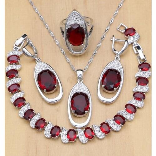 Silver Color Jewelry Sets Red Stones White CZ Hyperbole Beads Decoration For Women Earrings/Pendant/Rings/Bracelet/Necklace Set