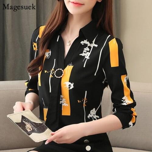 New Spring Vintage Women Blouse Long Sleeve Chiffon Blosue Top V Neck Loose Printed Shirt Button Office Ladies Shirts Tops 10672