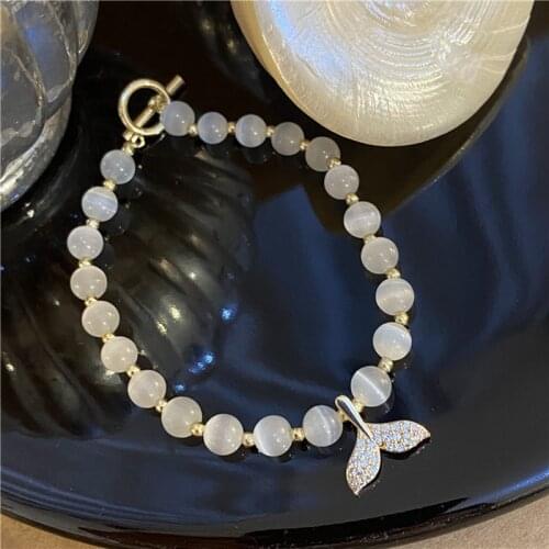 Elegant Fish Tail Shape White Cats Eye Stone Crystal Beaded Bracelets for Women Female Girls Fashion Jewelry Accessories YBR579