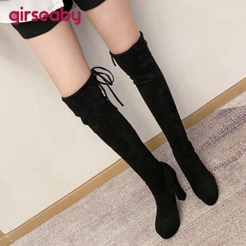 Girseaby 2021 New Sexy Platform Over Knee High Bootie Stretchy Lace Up Suede 10cm High Heel Autumn Winter Big Size 33-43 S2430