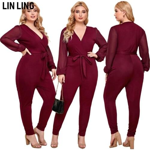 Large Fat Womens Fashion Elegant Versatile V-neck Strap Long Sleeve Jumpsuit