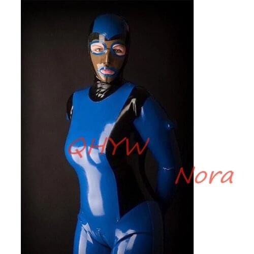Latex Catsuit Women Full-body Suit Blue with Black Back Zipper Hoods Full Set (no Gloves) Halloween Cosplay Costumes