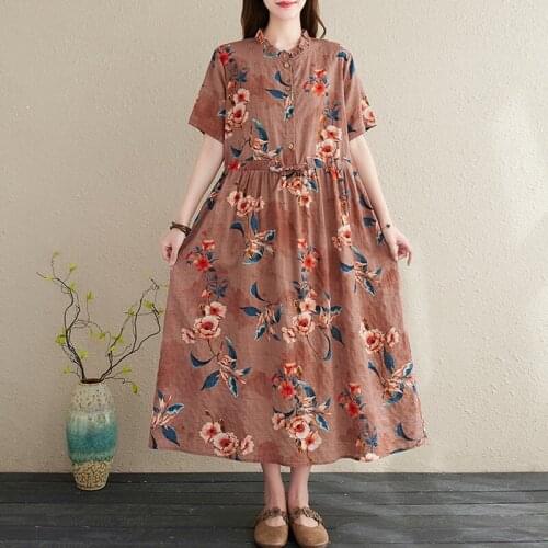 Women Cotton Linen Long Dresses New Arrival 2021 Summer Vintage Style Stand Collar Floral Print Loose Female Casual Dress S3965