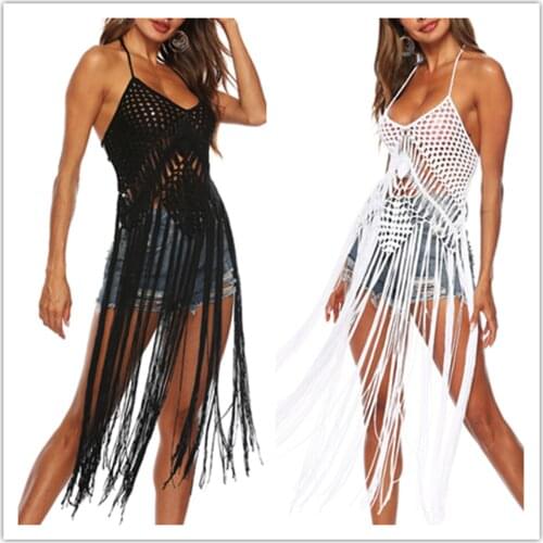 FY Women Sexy Hollow Out Crochet Bikini Cover up, Halter Open Back Bohemian Seaside Swim Dress Beachwear