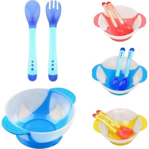 3Pcs/Set Baby Kids Toddler Suction Bowl Temperature Spoon Fork Feeding Tableware Solid Feeding Suppies