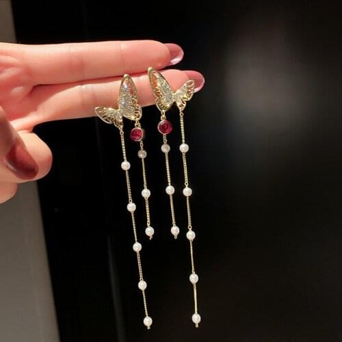 Shining Rhinestone Butterfly Long Tassel Dangle Earrings for Women Temperament Pearls Drop Earrings Korean New Design Jewelry