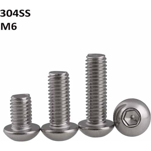 M6 304 Stainless Steel Pan Head Hexagon Bolts A2 Round Head Hex Socket Screws Length 8mm-100mm