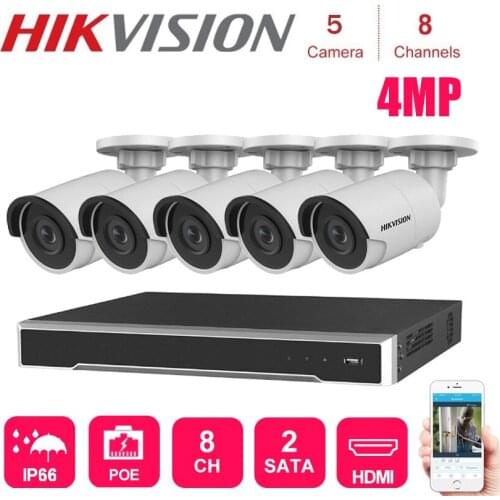 Hikvision 4K network 8Channels POE NVR with 5 sets 4MP IP Camera Network Security Night Vision Video Surveillance System Kits