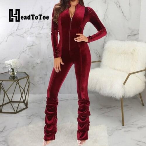 Solid Zip OL Elegant Romper Woman Full Sleeve Round Neck Straight Slim Pleated Jumpsuits for Women