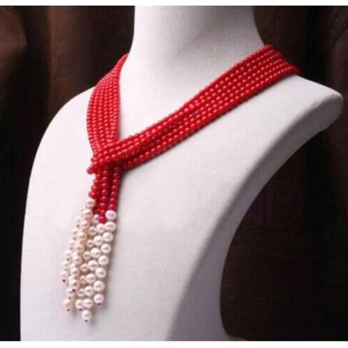 Beautiful 3 row red coral white pearl necklace fine jewelry drop shipping