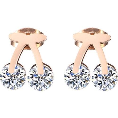 316L Stainless Steel Creative Fruit Titanium Steel Cherry Zircon Rose Gold Fashion Earrings No Fade