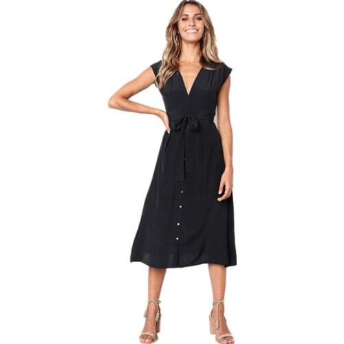 Summer Womens Solid Fashion Sleeveless Casual Stripe Dress Frenulum V-neck Womens Knee Length Retro Womens Dress