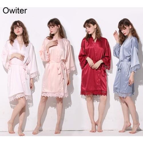 Owiter 2019 Matt Satin Lace Robe Bride Bridesmaid Robes Women Sleepwear Bridal Wedding Robe Party Bathrobe Dressing White Robes