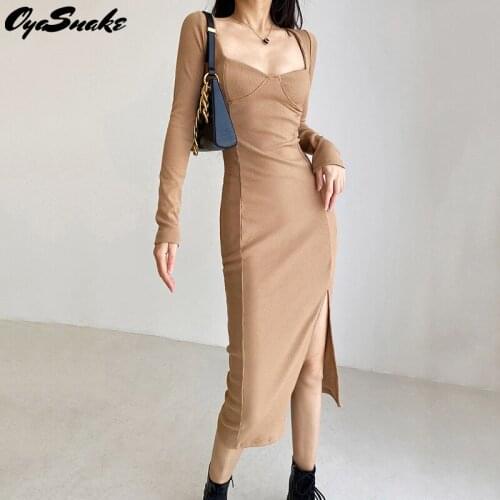 Oyasnake 2021 New Hot Square Collar Pullover Solid Side Split Sexy Womens Slim Bodycon Long Sleeve Stretchy Mid-Calf Dresses