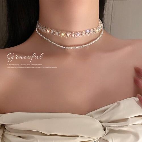 Temperament Luxury Pearl Crystal Double Layer Hip-hop Style Necklace Pendant Designer for Women Luxury Neck Collar Necklace Gift