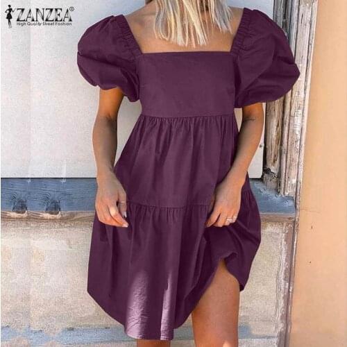 ZANZEA Stylish Women Square Neck Puff Sleeve Sundress Summer Elegant Party Mini Dress Casual Ruffles Solid Beach Vestidos Robe