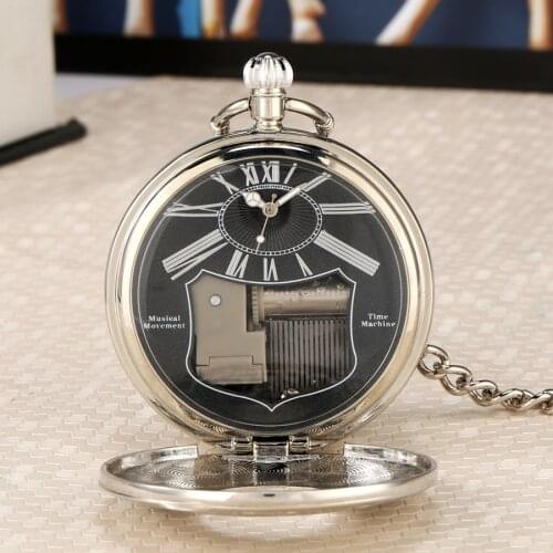 Luxury Silver Musical Movement Pocket Watch Quartz Hand Crank Playing Music Watch Fob Chain Pendant Clock Happy New Year Gifts