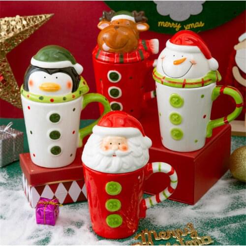Christmas Ceramic Tea Mugs 400 Ml Funny Travel Coffee Mug Cute Tumbler Santa Claus Snowman Penguin Elk Girls Boys Friends Gifts