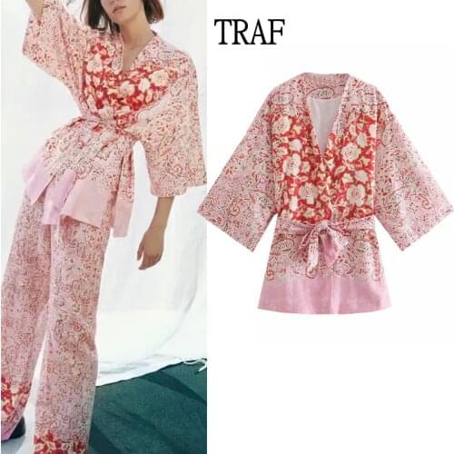 TRAF Za 2021 Kimono Womens Shirts Women Long Sleeve Tied Belt Vintage Loose Blouses Woman Chic Wrap Summer Top Woman Clothing