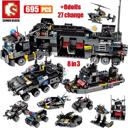 SEMBO 695PCS SWAT Military Series Truck Car Building Blocks City Police Helicopter Ship Figures Bricks Toys for Children