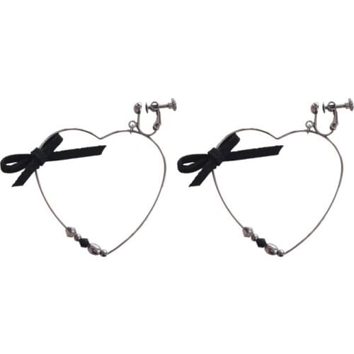 No Pierced Ear Clip Gold Color Hollow Heart Hide Rope Bowknot Pearl Romantic Clip Earrings For Wedding Party