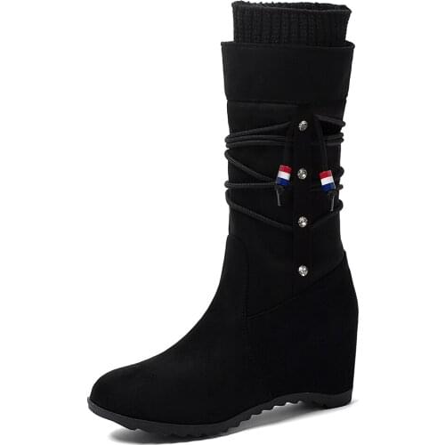 Knitted Woolen Flock Lace-Up Wedge Mid-Calf Boots, Inner Heightening Frosted Fabric, Short Plush Winter Warm Womens Boots