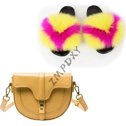 Womens Fluffy Fur Slippers Colorful Jelly Shoulder Bag Shoes Sets Ladies Real Fox Fur Slides Female Cute Plush Fur Sandals Hot
