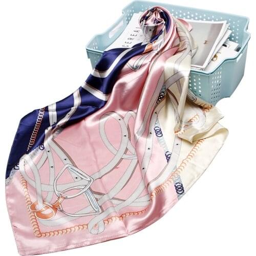 2019 Fashion Luxury Square Scarf Women Italian Style Belt Print Big Shawl Hijab Wraps Polyester Satin Headband Kerchief 90x90cm