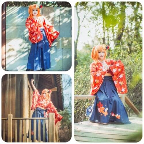 Anime Love Live! Honoka Kousaka Cosplay Costume Taisho Orange Printed Kimono Unawakened Adult Women Dress Hairpin Halloween