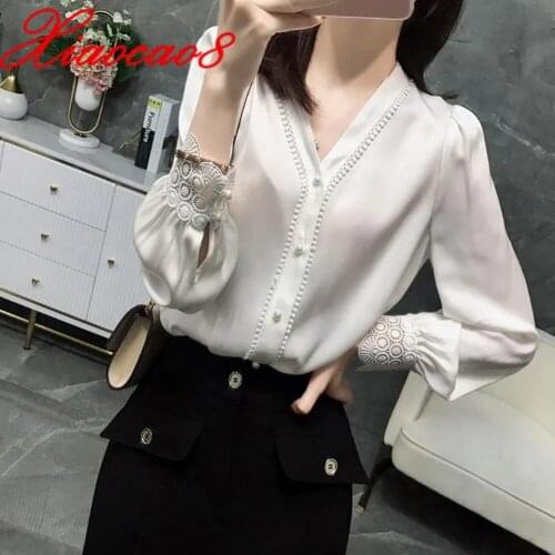 White Black Chiffon Blouses Women V Neck Pear Button Long Sleeve Shirt Spring Autumn OL Style Womens Blouse Female Top Blusas
