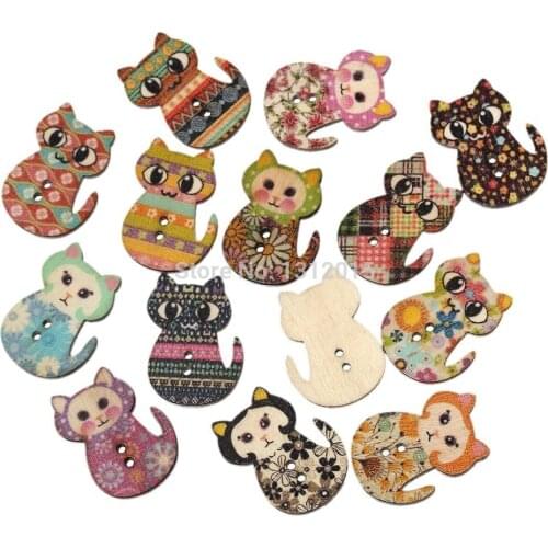 Wooden Sewing Button Scrapbooking Cartoon cat for baby craft Two Holes 30x23mm 100PCs PD00201-3
