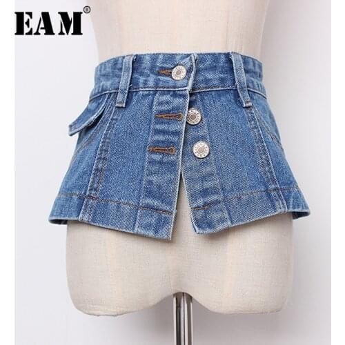 [EAM] 2021 New Spring Summer Denim Personality Split Joint Irreguar Button Wide Belt Women Fashion Tide All-match JR896