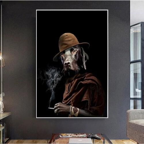 Smoking Dog Art Poster On Wall Modern Abstract Painting Funny Animal Pictures for Living Room Frameless Wall Art