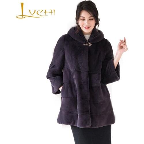 LVCHI Winter 2019 Import Swan Velvet Cross Mink Fur Coats Womens With Fur Hood Coat Full Pelt Causal With Hat Loss Mink Coats