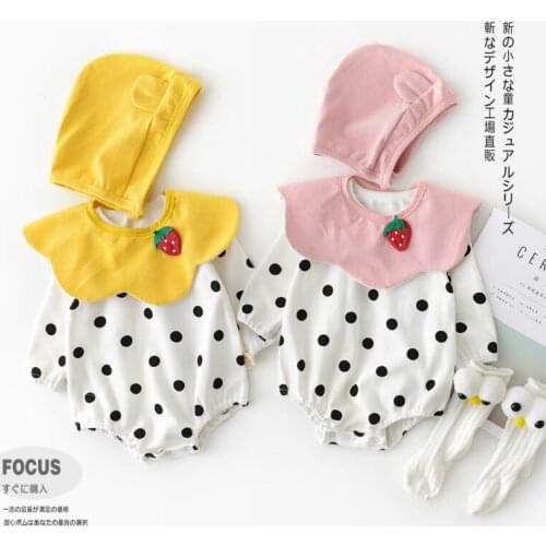 Infants clothes sets baby girls autumn dot printed strawberry splicing romper+Hat 2PCS set newborn birthday party bodysuit 3-18M