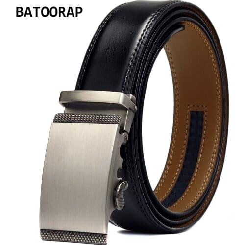 BATOORAP Fashion Black Cowhide Ratchet Belts For Men Gray Metal Buckle Formal Suit Accessories Male Leather Waist Strap WL-E014