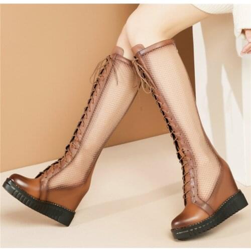 Fashion Sneakers Women Genuine Leather Wedges High Heel Roman Gladiator Sandals Female Breathable Mesh Tall Shaft Pumps Shoes