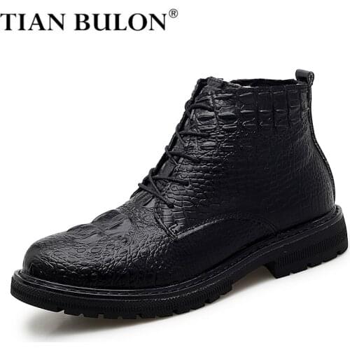 Business Mens Boots Crocodile Embossed Men Ankle Boots Leather High Quality Autumn Winter Warm Fur Snow Boots Men Platform Boots