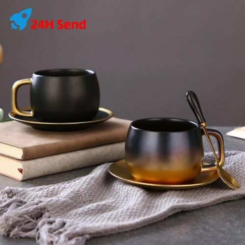 Luxury Black Gold Marble Ceramic Coffee Cups Condensed Coffee Mugs Cafe Tea Breakfast Milk Cups Saucer Suit with Plate Spoon Set