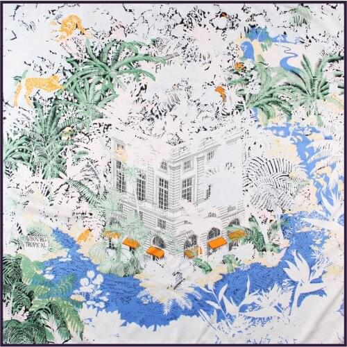 Manual Hand Rolled Twill Silk Scarf Women Forest City Print Square Scarves Echarpes Curled Foulards Femme Wrap Bandana Hijab